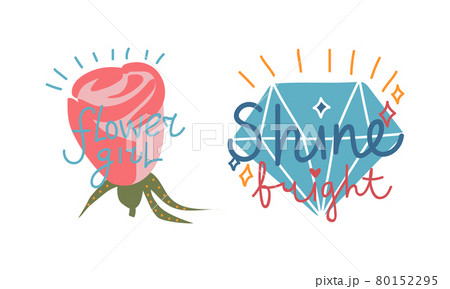 Girl Power Trendy Stickers with Rose Flower and Shining Diamond Vector Set 80152295