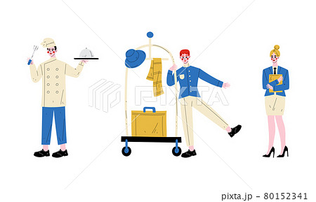 Hotel Staff Character in Uniform with Porter Carrying Baggage and Chef Holding Tray Vector Set Hotel Staff Character in Uniform with Porter Carrying Baggage and Chef Holding Tray Vector Set 80152341