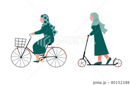 Muslim Woman in Hijab Riding Scooter and Cycling Vector Set 80152386