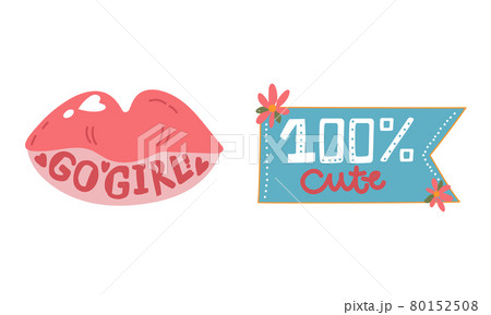 Girl Power Trendy Stickers with Lips Vector Set 80152508