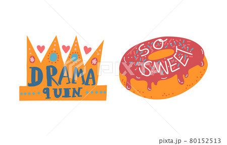 Girl Power Trendy Stickers with Crown and Donut Vector Set 80152513
