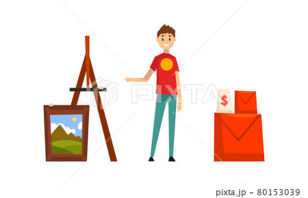 Garage Sale Concept, Man Selling Old Unnecessary Things at Flea Market Cartoon Vector Illustration Garage Sale Concept, Man Selling Old Unnecessary Things at Flea Market Cartoon Vector Illustration 80153039