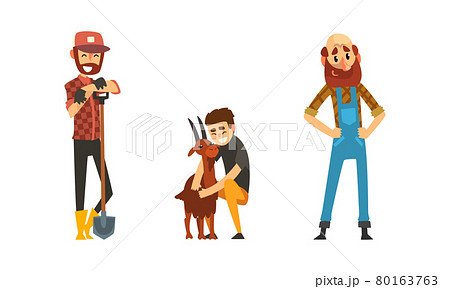 Cheerful Farmers at Work Set, Male Farm Worker Working with Shovel, Caring for Animals, Farming and Agriculture Cartoon Vector Illustration Cheerful Farmers at Work Set, Male Farm Worker Working with Shovel, Caring for Animals, Farming and Agriculture Cartoon Vector Illustration 80163763