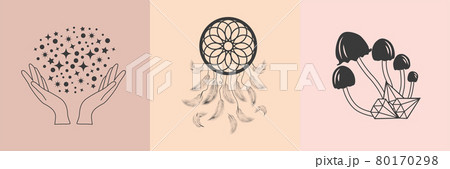 palmistry, crystal ball, ouija planchette. Witch and magic symbols, monochrome illustration palmistry, crystal ball, ouija planchette. Witch and magic symbols, monochrome illustration 80170298