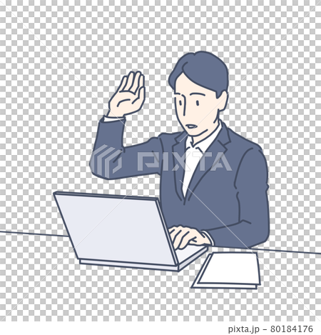 A man in a suit raising his hand during a remote meeting on a laptop A man in a suit raising his hand during a remote meeting on a laptop 80184176