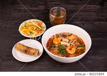 tofu and shrimp soup, rice paper roll, tea and salad tofu and shrimp soup, rice paper roll, tea and salad 80225804