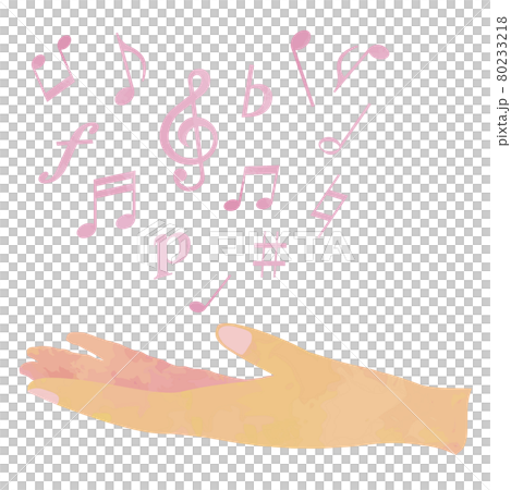 Hands and music Pink notes floating in a heart shape on the outstretched hand 80233218