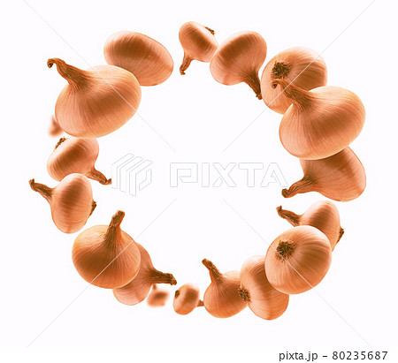 Ripe Golden onion levitates on a white background 80235687