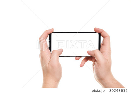 Man hands typing on the black smartphone blank screen with modern frameless design isolated on white background 80243652