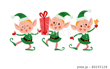 Set of different cute little Santa elves characters with gift box, ring bell, dance isolated. Set of different cute little Santa elves characters with gift box, ring bell, dance isolated. 80245128