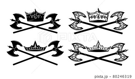 crossed battle axes and king crown vector heraldic design set 80246319