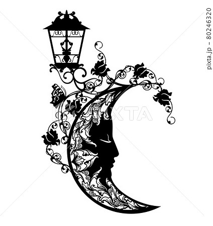 sleeping crescent moon and street light black and white floral vector design 80246320