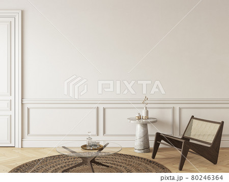 Classic beige interior with lounge chair and decor. 3d render illustration mockup. Classic beige interior with lounge chair and decor. 3d render illustration mockup. 80246364