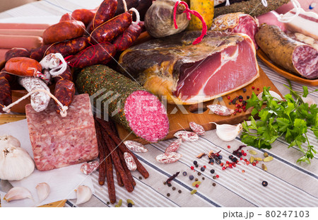 Variety of meats on table Variety of meats on table 80247103