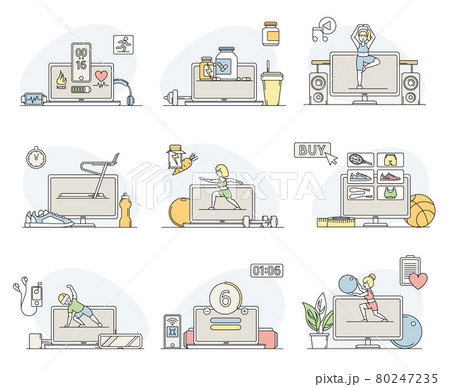 Online Sport and Physical Exercise with Computer Screen and Workout Drill Via Internet Line Vector Set 80247235