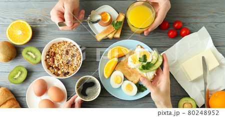 Concept of tasty breakfast on wooden background, top view 80248952