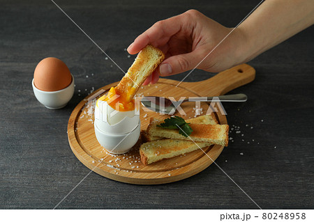 Concept of tasty breakfast with boiled eggs, close up 80248958