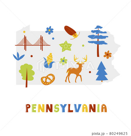 USA map collection. State symbols on gray state silhouette - Pennsylvania 80249625