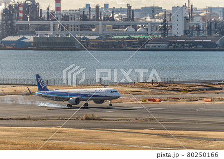 【羽田空港第一ターミナル ANA機着陸時のタイヤスモーク】 【羽田空港第一ターミナル ANA機着陸時のタイヤスモーク】 80250166