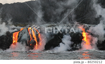 Hawaii Lava flowing into the ocean from lava volcanic eruption on Big Island Hawaii, USA. Lava stream flowing in Pacific Ocean from Kilauea volcano, USA. Seen from water 80250212