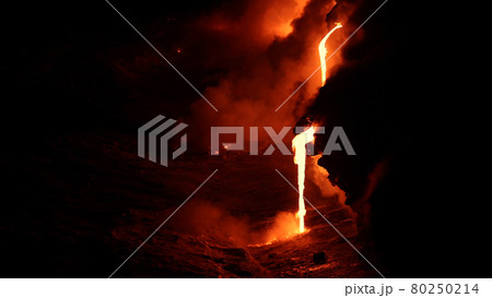 Lava flowing into the ocean from volcano lava eruption on Big Island Hawaii. Lava stream flowing in Pacific Ocean from Kilauea volcano by Hawaii volcanoes national park, USA 80250214