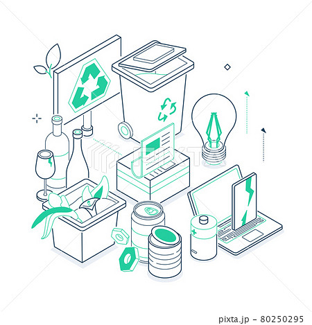 Waste sorting - isometric green and black line illustration Waste sorting - isometric green and black line illustration 80250295