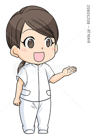 左手で指して笑顔で説明する女性看護師のイラストのイラスト素材