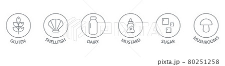 Allergen line icon big set. Gluten mustard, shellfish gmo sesame, lactose, mollusk, mushrooms free. Organic and natural food labels on long banner. Allergy warning ingredients. Vector illustration Allergen line icon big set. Gluten mustard, shellfish gmo sesame, lactose, mollusk, mushrooms free. Organic and natural food labels on long banner. Allergy warning ingredients. Vector illustration 80251258