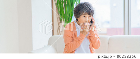 オレオレ詐欺の電話を受けるシニアの女性 オレオレ詐欺の電話を受けるシニアの女性 80253256