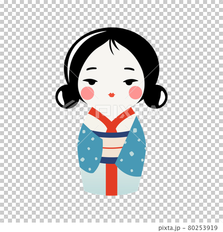 Cute Kokeshi doll in kimono. Traditional japanese souvenir. Vector kawaii kimono girl. Cute Kokeshi doll in kimono. Traditional japanese souvenir. Vector kawaii kimono girl. 80253919