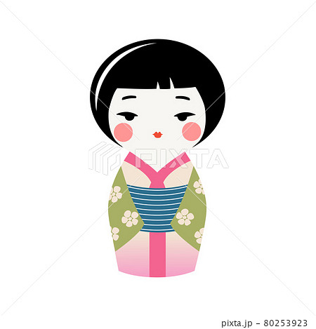 Cute Kokeshi doll in kimono. Traditional japanese souvenir. Vector kawaii kimono girl. Cute Kokeshi doll in kimono. Traditional japanese souvenir. Vector kawaii kimono girl. 80253923
