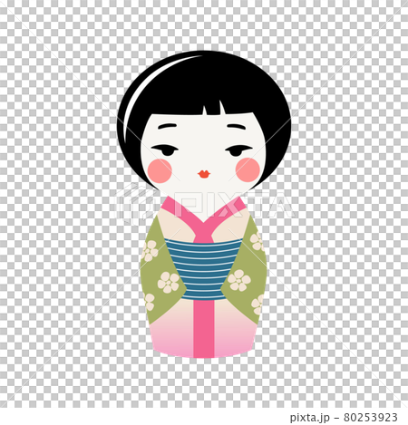 Cute Kokeshi doll in kimono. Traditional japanese souvenir. Vector kawaii kimono girl. Cute Kokeshi doll in kimono. Traditional japanese souvenir. Vector kawaii kimono girl. 80253923