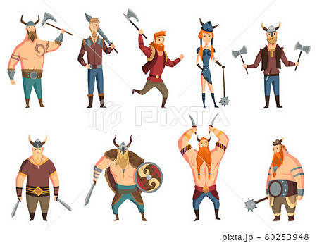 Viking people set with horned helmet, axe, sword and shield, knife, mace or hammer. Bearded men warriors, heroes of scandinavian legends. Cartoon barbarian with steel and leather, weapon and armor 80253948