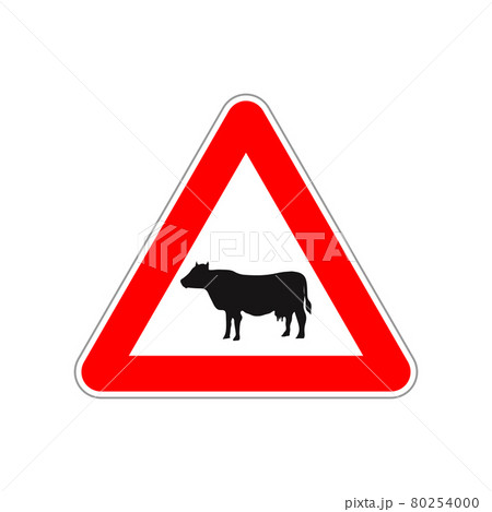 Cow icon on the triangle red and white road sign on white 80254000