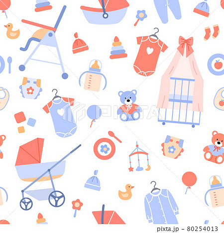 Baby shower seamless pattern. Flat baby background decoration. Pastel backdrop for celebration print, wrapping paper, fabric ornament, scrapbook. Newborn element design vector illustration. 80254013