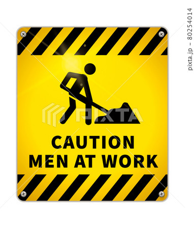 Bright Caution glossy metal plate, warning sign Men at work area with road worker icon on white 80254014