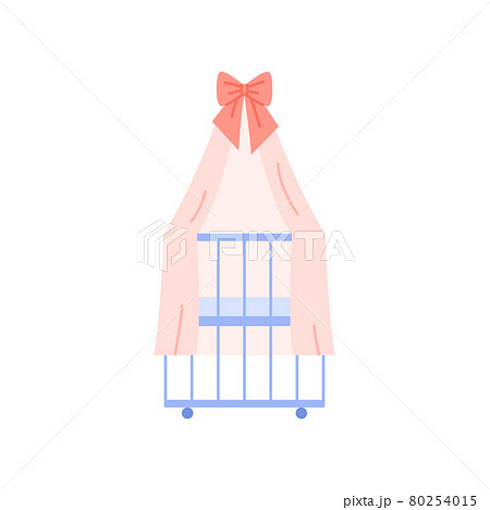 Crib isolated icon. Flat blue baby crib with pink canopy design. Newborn care color vector illustration. 80254015