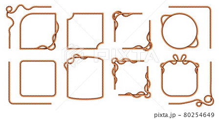 Rope frames. Hemp thread square and round borders, curved nautical cord lines. Realistic cartoon sailor jute strings and twines vector set 80254649