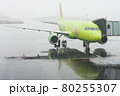 Plane prepares to take passengers to airport in difficult weather conditions 80255307