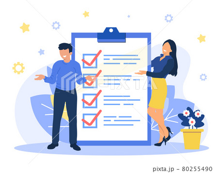 A positive business man and woman point to the direction marked with a checklist on chalkboard paper. Successfully complete business assignments. Flat vector illustration. EPS A positive business man and woman point to the direction marked with a checklist on chalkboard paper. Successfully complete business assignments. Flat vector illustration. EPS 80255490