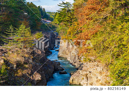岩手一関の秋　朝日に照らされる紅葉の厳美渓 80256149