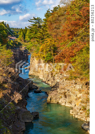 岩手一関の秋　朝日に照らされる紅葉の厳美渓 80256213