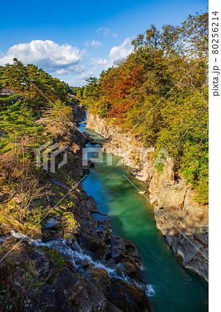岩手一関の秋　朝日に照らされる紅葉の厳美渓 80256214