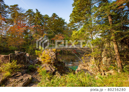 岩手一関の秋 朝日に照らされる紅葉の厳美渓 岩手一関の秋 朝日に照らされる紅葉の厳美渓 80256280