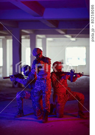 Soldiers squad in tactical formation having action urban environment 80258086