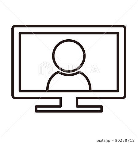 デスクトップpcでのオンライン通話のシンプルな白黒細線アイコン 白背景のイラスト素材