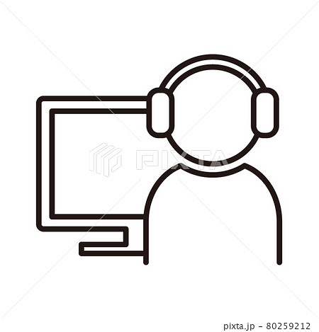 ヘッドフォンをしてデスクトップパソコンを使用する人物の白黒細線アイコン 白背景のイラスト素材