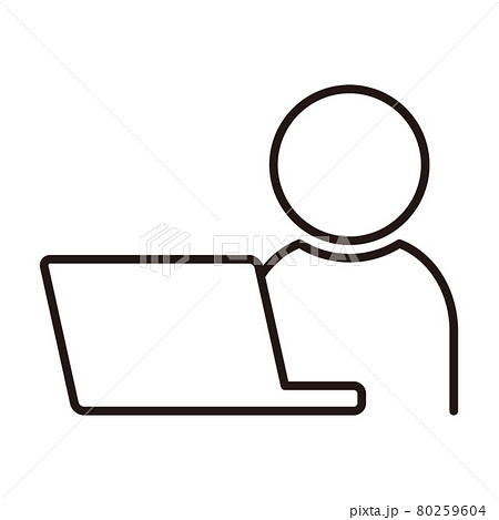 ノートパソコンを使用する人物のシンプルな白黒細線アイコン 白背景のイラスト素材