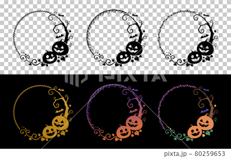 ハロウィンのカボチャと木の飾り枠 丸いフレーム シルエット素材セットのイラスト素材