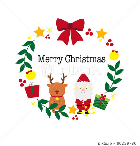 サンタとトナカイのクリスマスリースフレームデザイン サンタとトナカイのクリスマスリースフレームデザイン 80259730